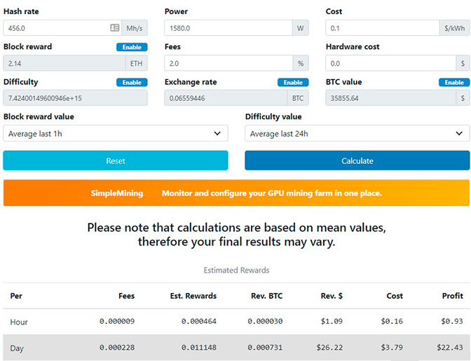 WhatToMine calculator for cryptocurrency mining