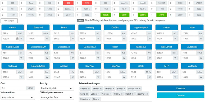 WhatToMine calculator for cryptocurrency mining